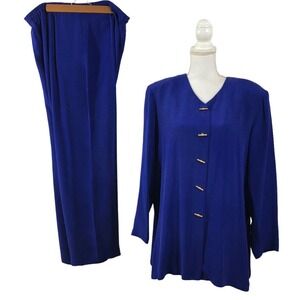 SHOMI By Miller Shop 2 Pc Skirt Tunic Set Silk Size 16 Cobalt Blue Gold Buttons